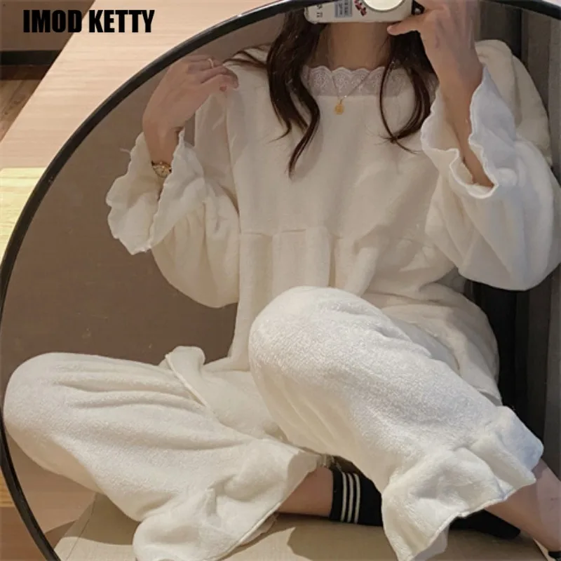 

Пижамный комплект Женский однотонный с длинным рукавом, модный простой свободный элегантный повседневный комплект в Корейском стиле, мягкая одежда для дома и колледжа, Осень-зима