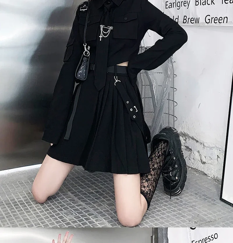 Spring Harajuku Streetwear Two-Piece Skirt Spring Oversize Punk Chain Ribbon Skirts Women 2 Piece Suit For Female