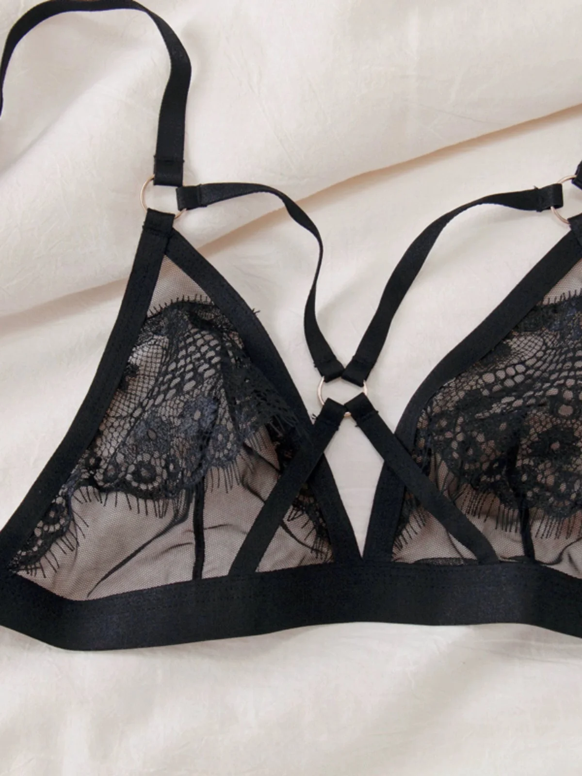 Lingerie lace thin bras triangle cup temptation ultra-thin transparent vision sexy large breasts show small bra underwear