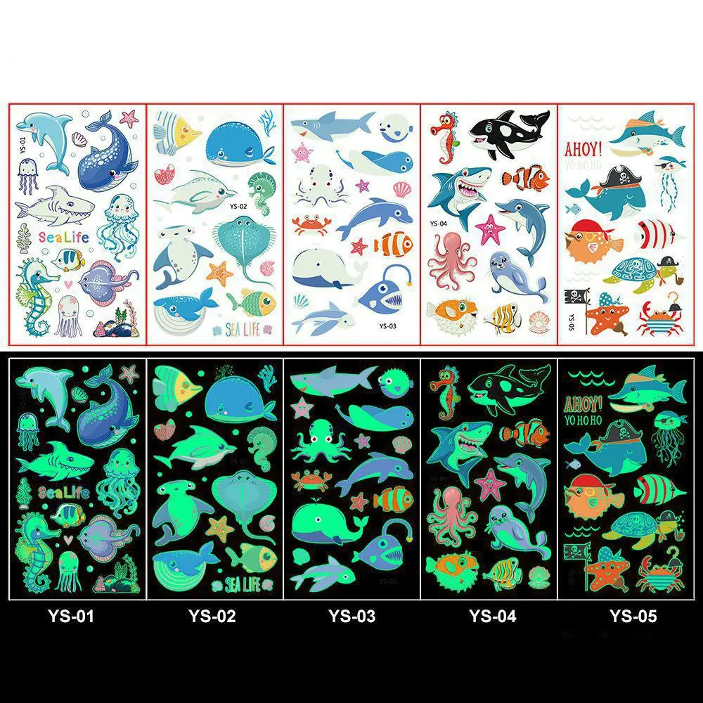 Luminous Night Tattoo Stickers For Children Shark Dolphin Temporary Waterproof Tatto Body Art Kid Cartoon Fake Tatoo 5Pcs/set