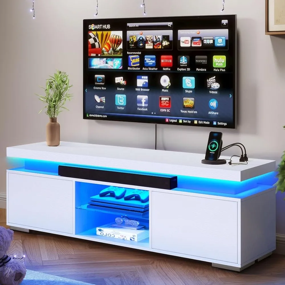 

4 розетки питания переменного тока, ТВ-шкаф, подставка для телевизора с RGB-подсветкой, легкая сборка, достаточное пространство для хранения, прочная конструкция, белый стол
