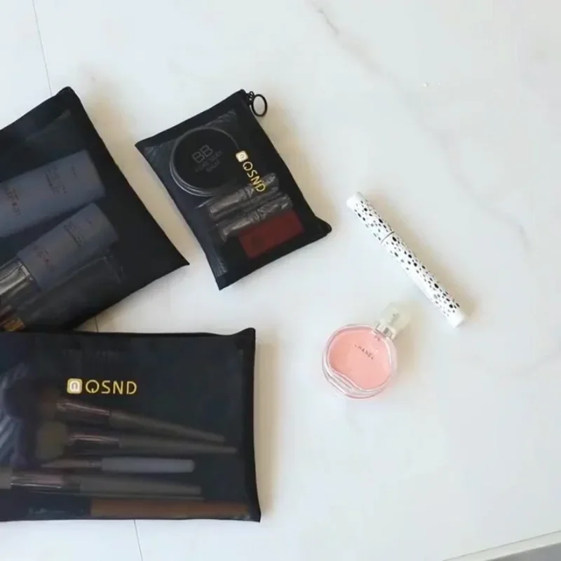 1 Pc Black Mesh Cosmetic Bag with Zipper Women Travel Portable Toiletry Makeup Storage Bag Wash Kit Organizer Case