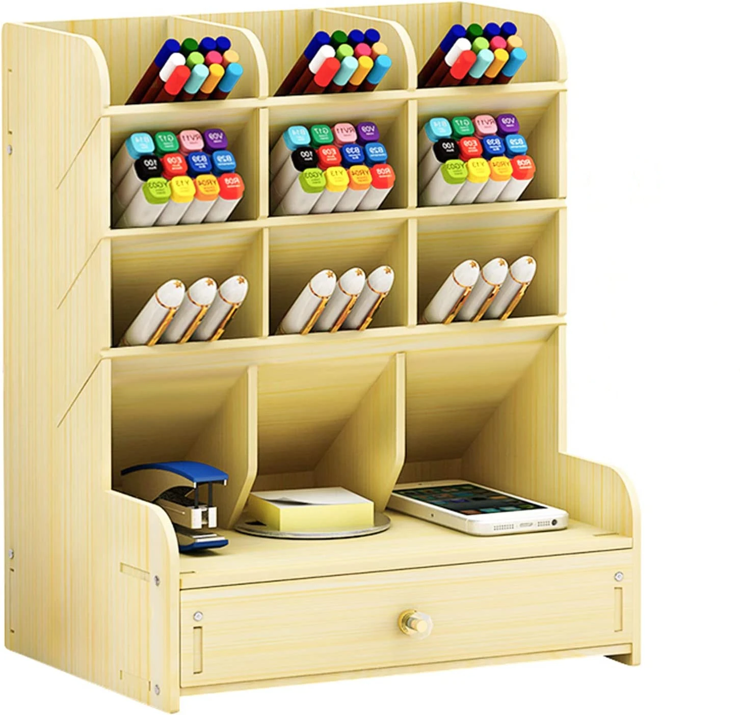 

Wooden Pen Organizer DIY Pen Holder Box Desktop Stationary Home Office Storage Art Supplies Organizer Storage with Drawer