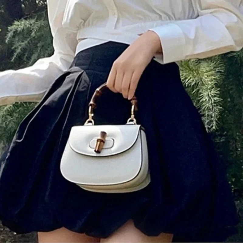 Design Bamboo Handbag Vintage Saddle Bag Luxury Genuine Leather Solid Crossbody Top-Handle Bags Commuter All-match Handbags Wome