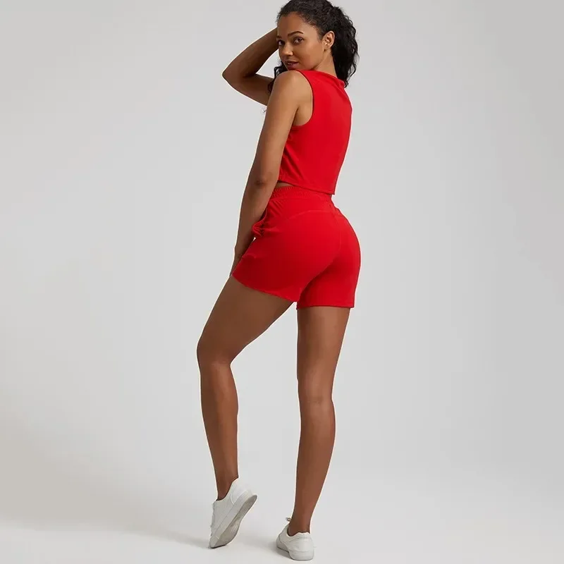 Lemon Women Soft Gym Fitness Yoga Set Drawstring Pocket Short Leg Short Sleeve T-Shirt Top Suit Comprehensive Training Jog Women