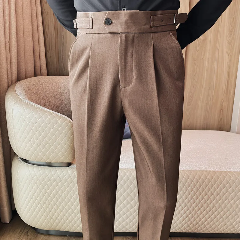 Temperament High Waisted Suit Pants for Men Solid Color Casual Business Dress Pants Versatile Wedding Office Social Trousers 38