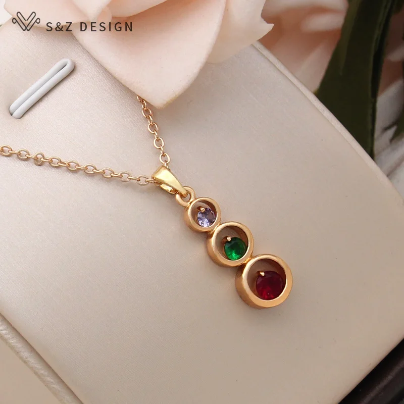 S&Z DESIGN New Fashion Gold Color Long Round Cubic Zirconia Dangle Earrings Jewelry Sets For Women Simple Pendant Necklace Gift