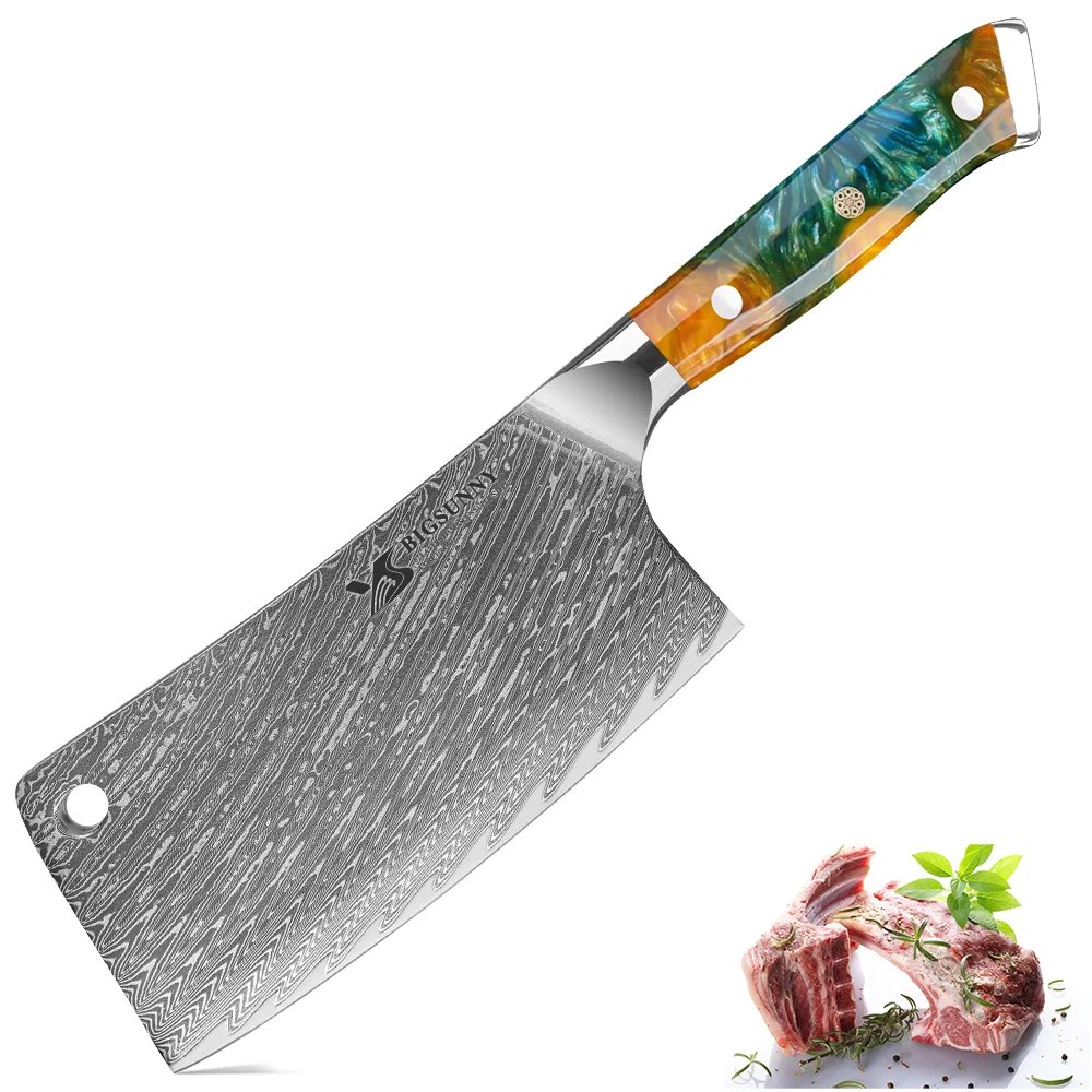 

BIGSUNNY Bone Chopper Damascus Steel Knife Sharp Meat Chopping Cleaver Knives with Resin Handle