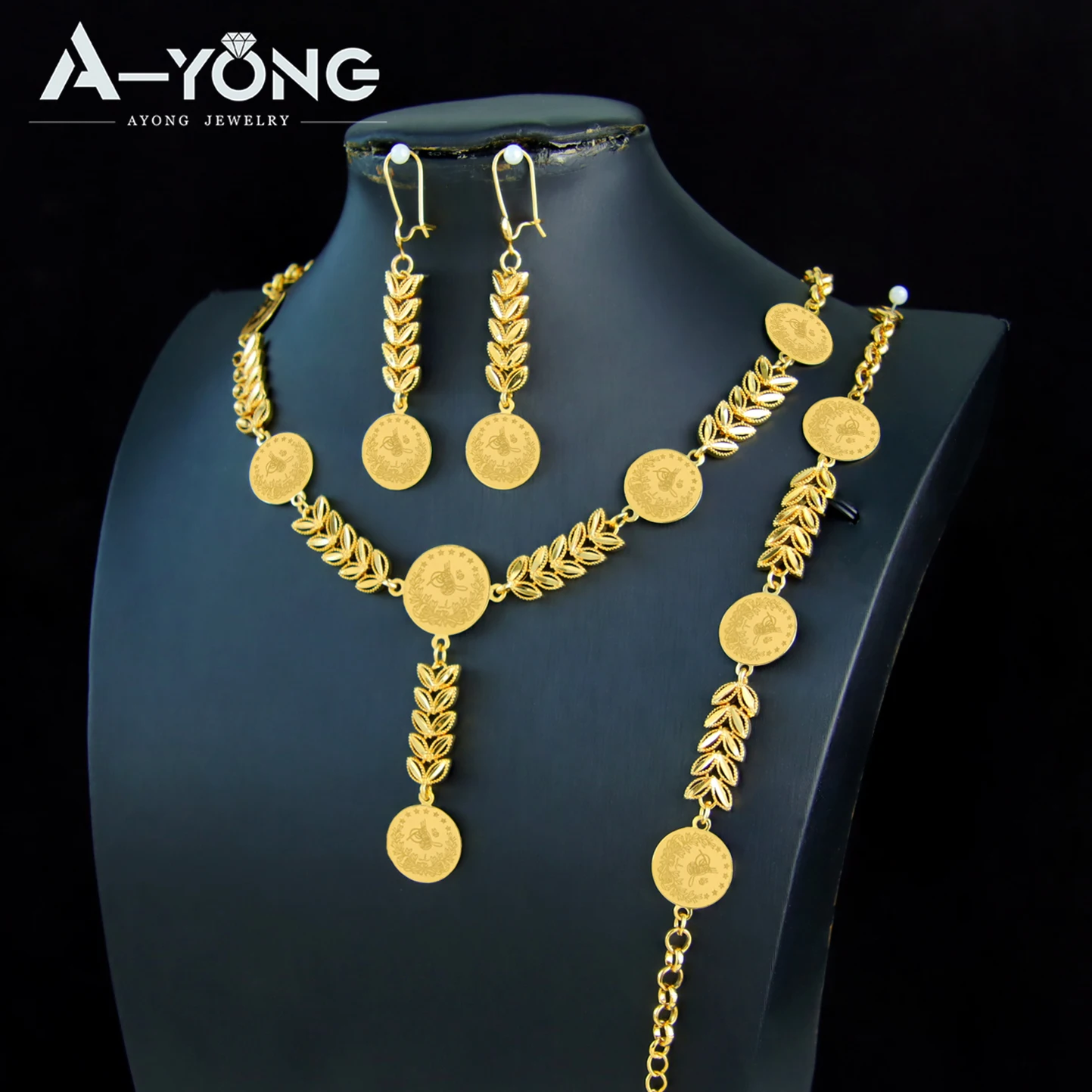 Nigeria Hochzeit Schmuck Set 21k vergoldet türkische Münzen Halskette Armband Ohrringe Algerien Frauen Braut Verlobung Party Geschenke