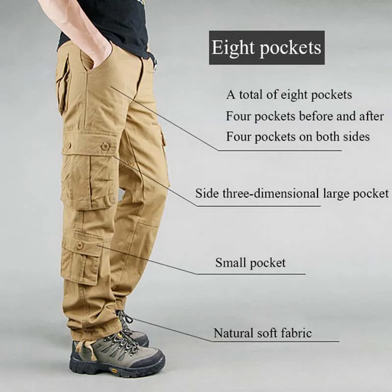 Multi Pockets Mens Cargo Pants Outdoor Tactical Cotton Khaki Outwear Straight Casual Trousers for Men Pantalon Militaire Homme 4