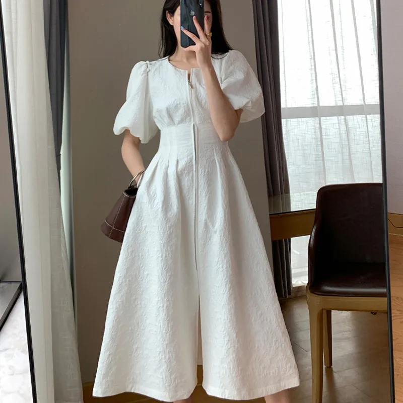 

Summer New Women Fashion Elegant White Solid Midi Dresses Office Lady Female A Line Clothes Vestdios
