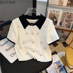 Summer Knitted Cardigan Women 2023 New Korean Elegant Fashion Short Sleeve Polo Neck Bow Diamonds Sweater Female Knitwear Tops