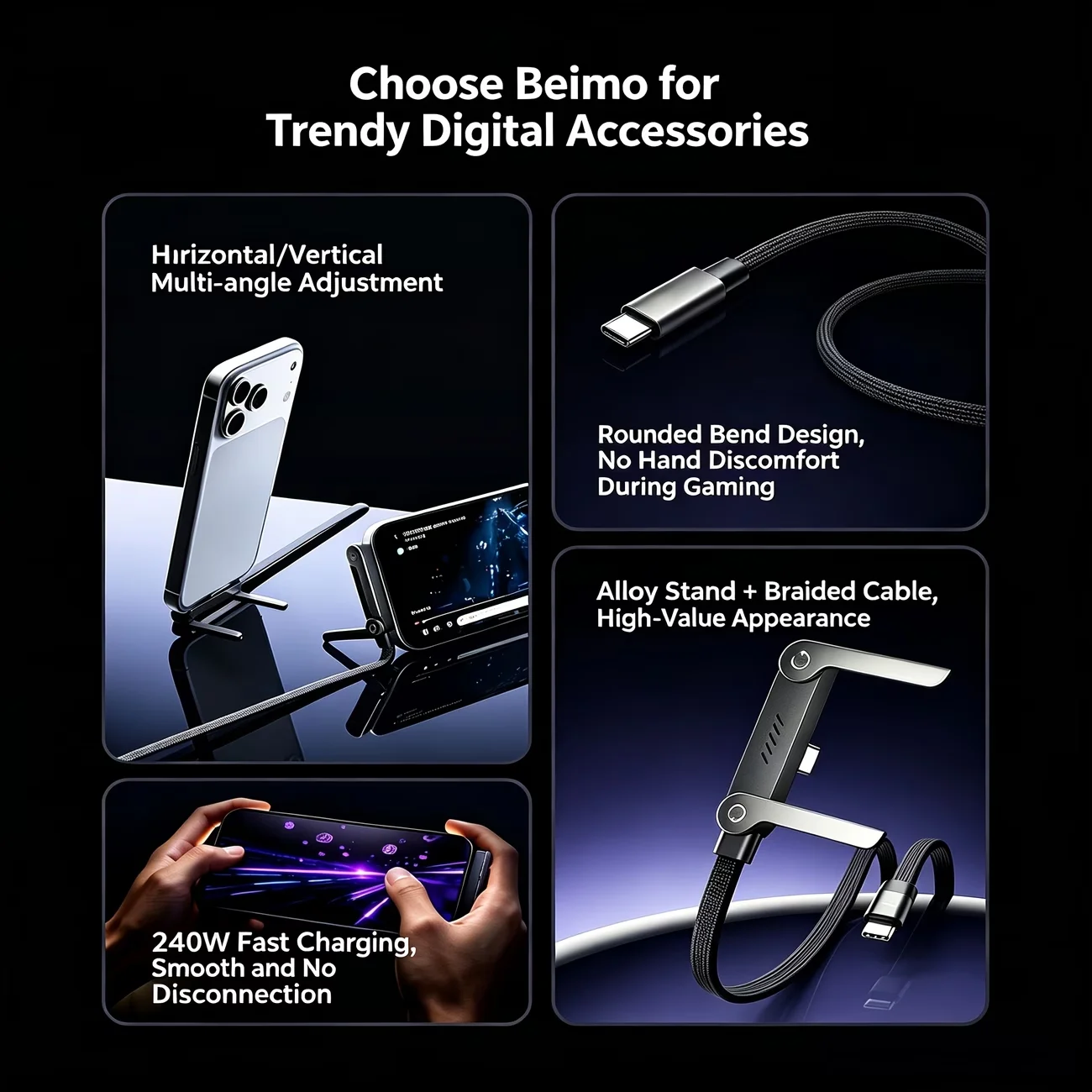 240W Fast Charging type-C to type-C Cable with Foldable Stand,Type-C Connectors, High-Speed Data Sync & Charging for Mobile 3