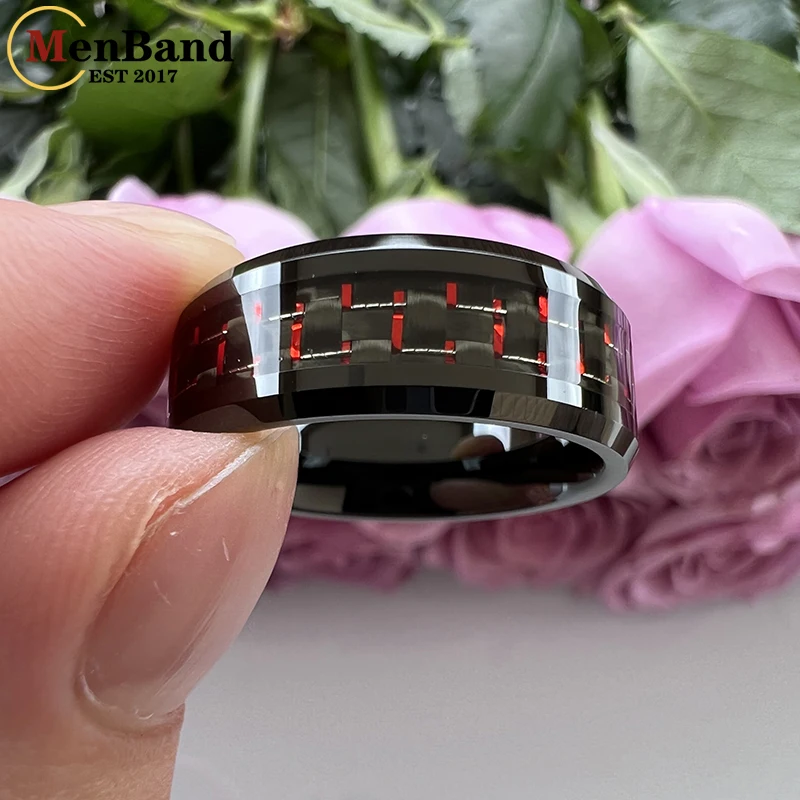 MenBand Fashion 8mm Tungsten Carbide Rings for Men Women Wedding Band Black+Red Carbon Fiber Inlay Beveled Polishing Comfort Fit
