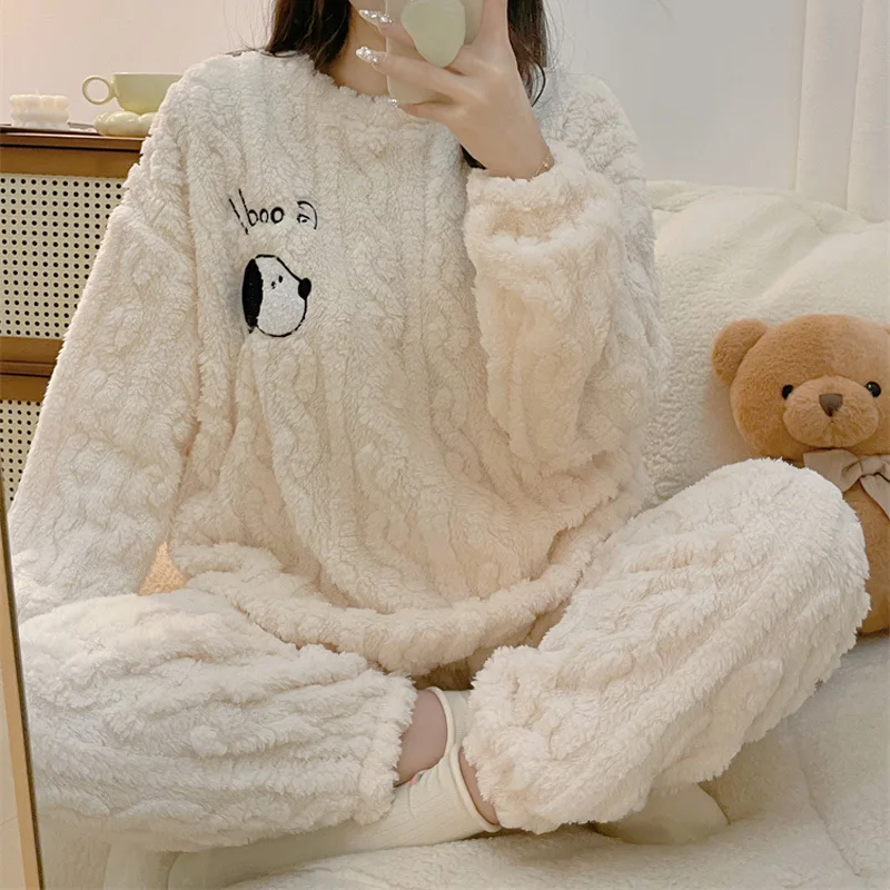 Coral Velvet Round Neck Jacquard Pajamas For Women Autumn Winter Print Long-Sleeved Pullover With Pants 2Pcs Thick Sleepwear