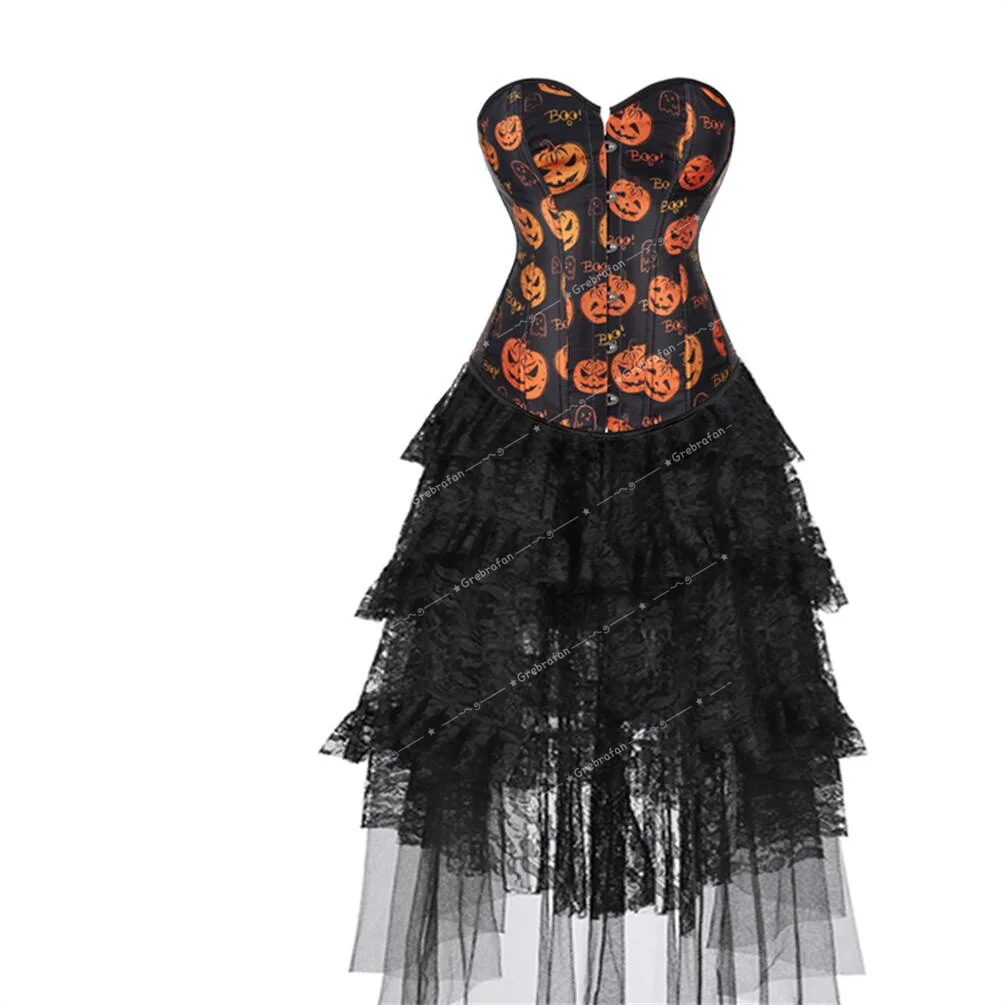 

Corset Skirt Pumpkin Skull Printing Bustier Dress Set Plus Size Burlesque Clubwear Outfits Halloween Costumes Sexy