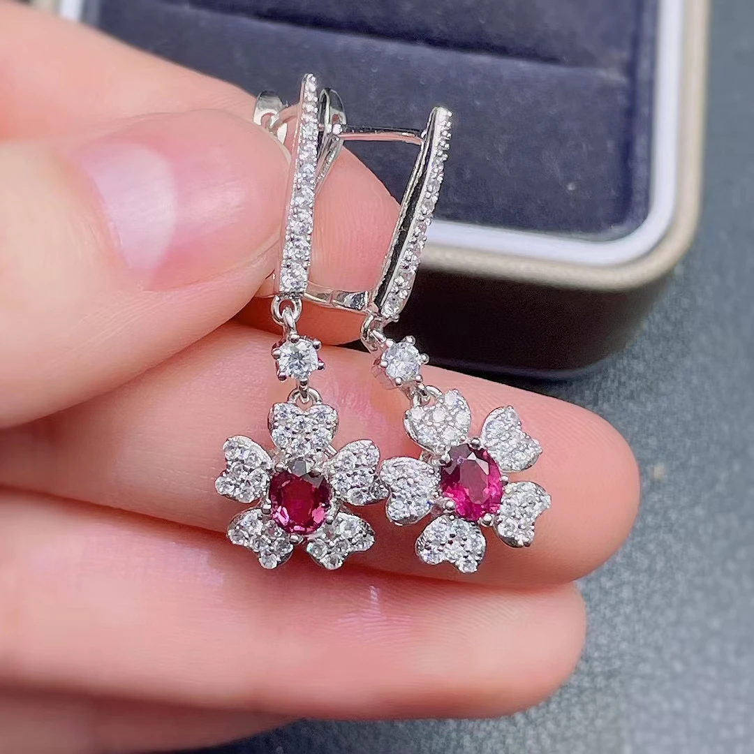 

MeiBaPJ Natural Garnet Flower English Clasp Drop Earrings Real 925 Silver Fine Charm Party Jewelry for Women