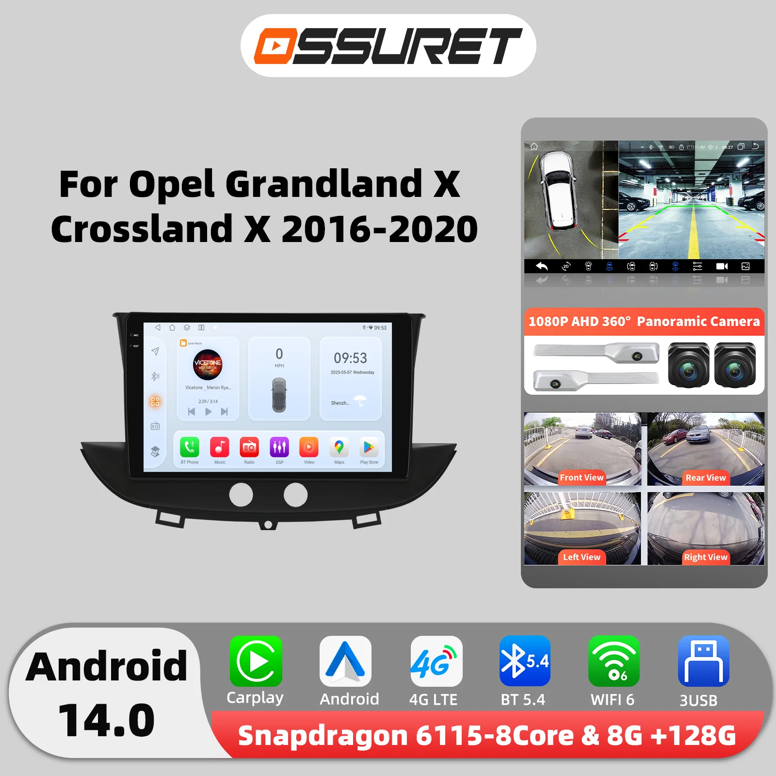 4G 8Core Carplay Android 14 Autoradio Für Opel Grandland X Crossland X 2016 - 2020 multimedia-player GPS 360 Cam 9 "2DIN Bildschirm