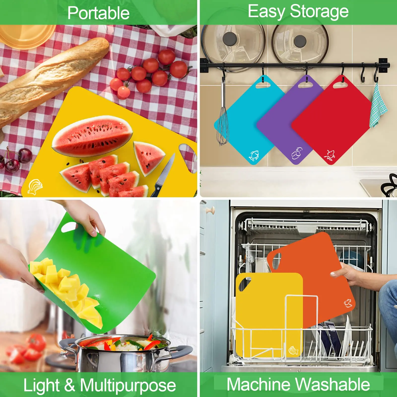 Leeseph Flexible Plastic Cutting Board Mats 6pcs Colorful Non-slip Chopping Boards Kitchen Tool Food Icons For Cutting Board