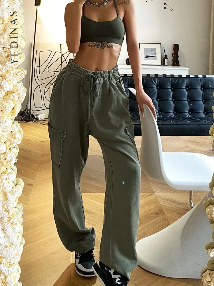 

Yedinas High Quality Hip Hop Cotton Cargo Pants Elastic Waist Fashion Streetwear Korean Casual Straight Harajuku Trousers Women