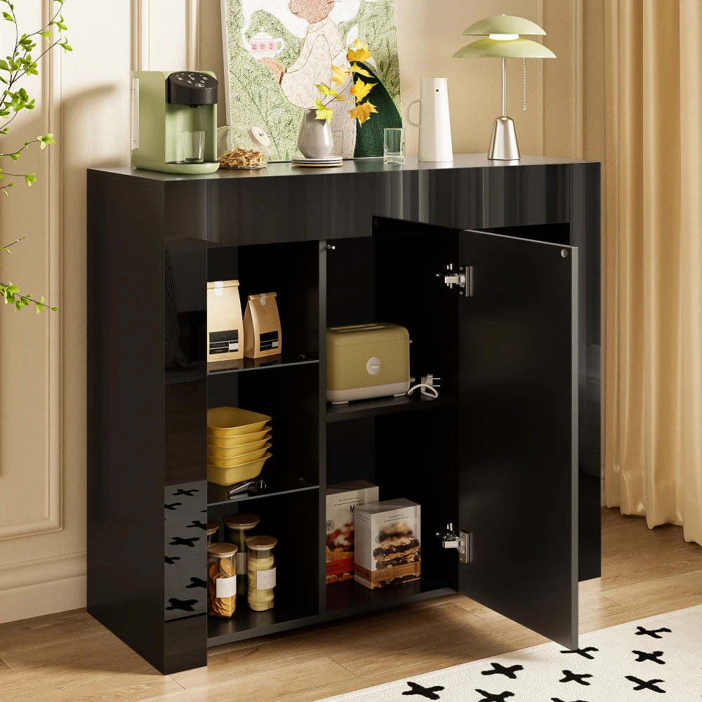 Modernes weißes Buffet mit Hochglanzfront, mit Glasregalen und Schranktür für Wohnzimmer, Esszimmer, Küche 95 x 35 x 83 cm – Detail 25