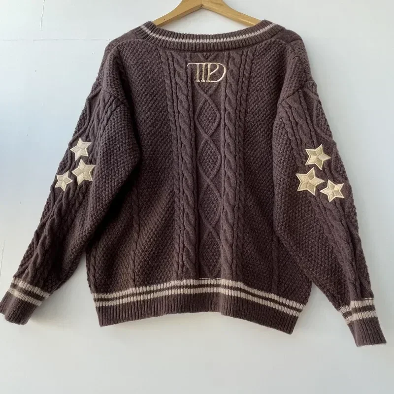 Stars Embroidery Cardigan WomenDark Brown V-neck Knitted Cardigans Female Autumn Winter Long Sleeve Sweaters Vintage Soft Tops 2