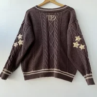 Stars Embroidery Cardigan WomenDark Brown V-neck Knitted Cardigans Female Autumn Winter Long Sleeve Sweaters Vintage Soft Tops 2