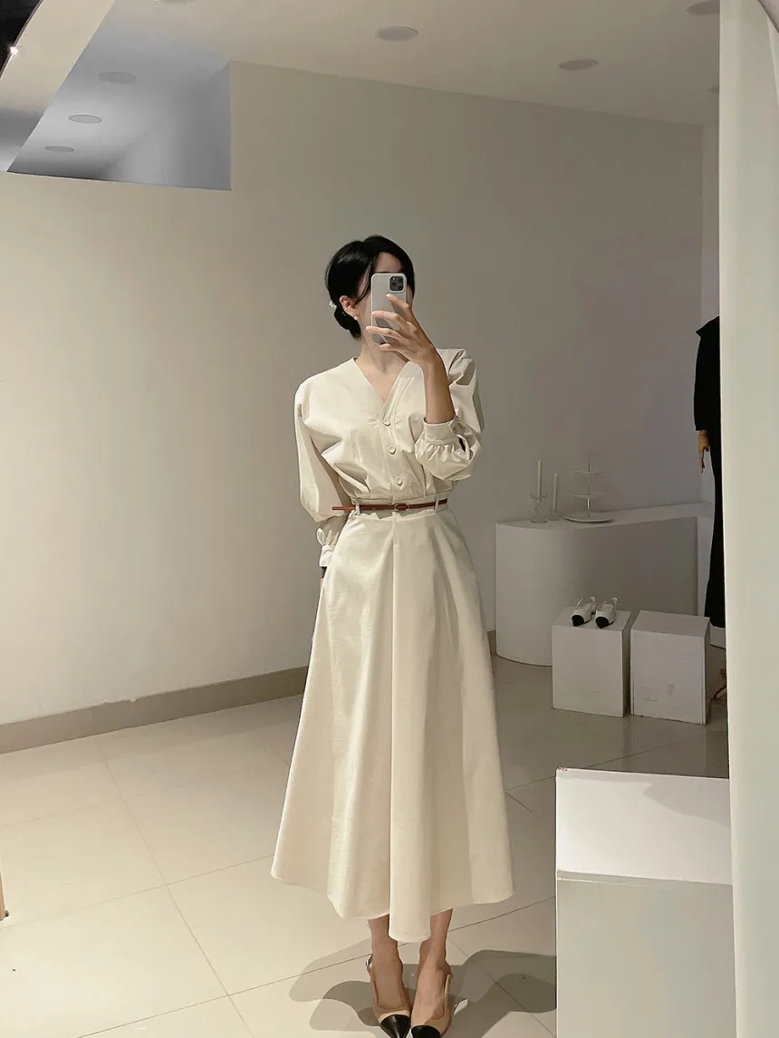 Korean Fashion V-neck Midi Dresses for Women with Belt Long Sleeve A-line Office Lady Autumn New Elegant Solid Female Clothing