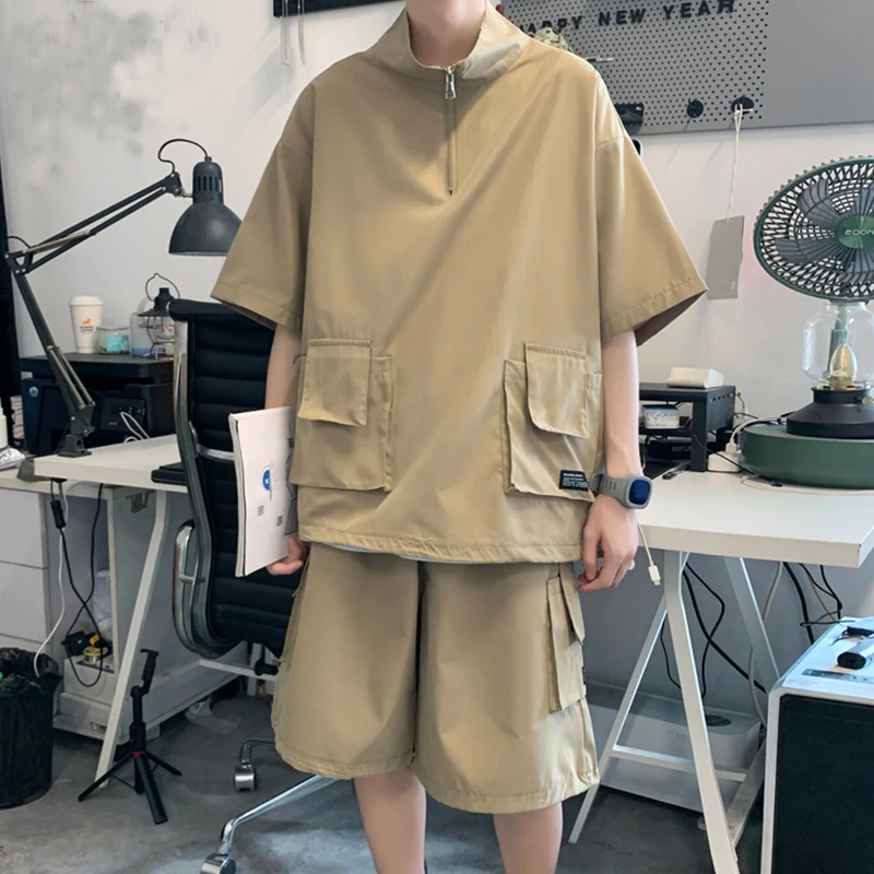 

Summer Harajuku Couples Loose Cargo Sets Solid Color Tshirts Shorts Outdoor Sets Men Casual Tracksuit Zipper Turtleneck Pockets