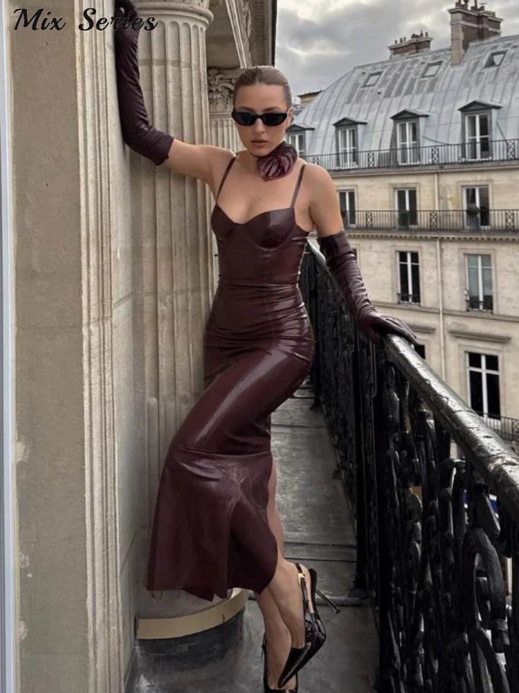 Solid Color Sling Dress Female Sexy Tight Leather Hip Skirt Party Festival Dresses
