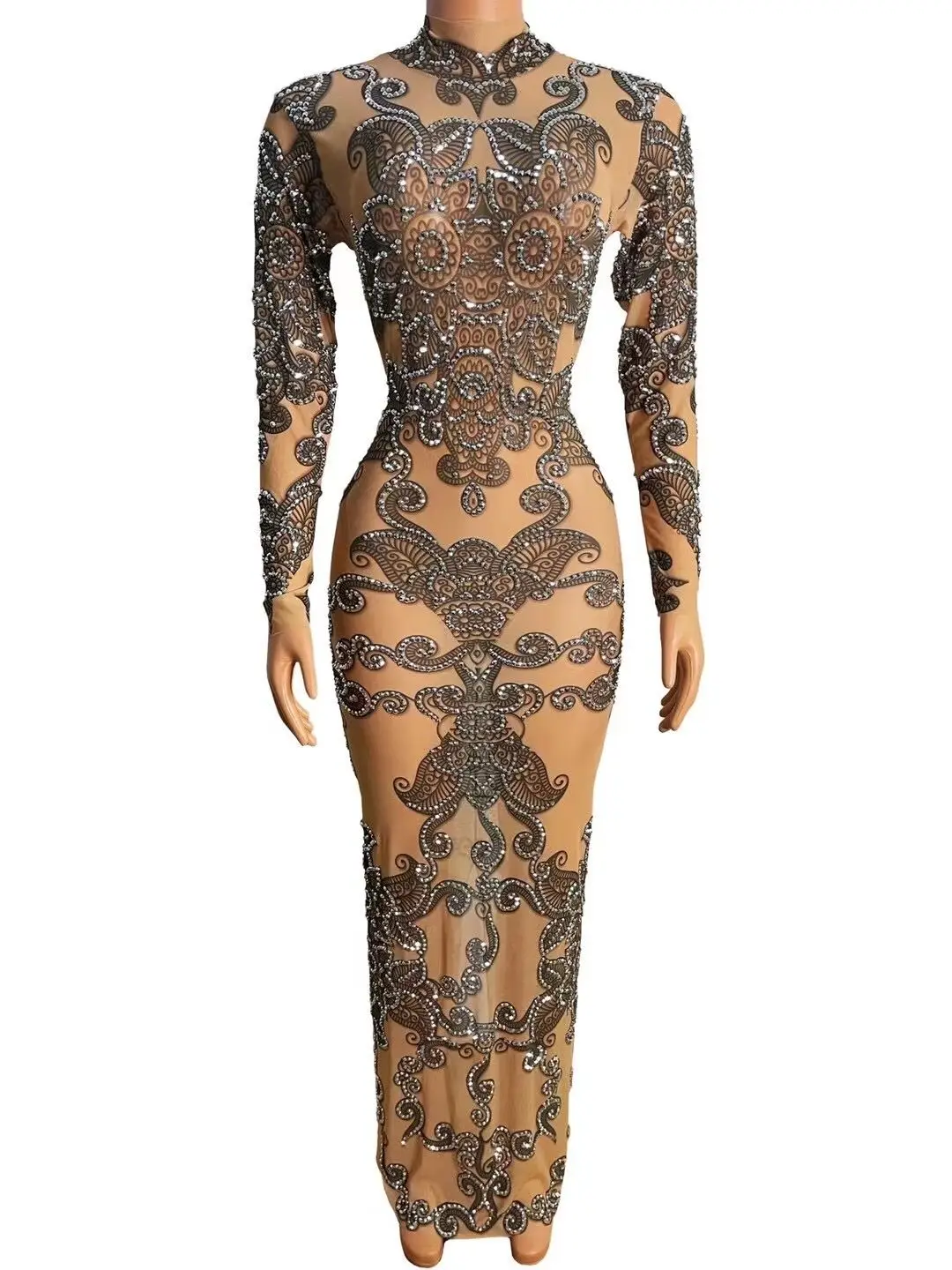 

Silver Rhinestone Transparent Pattern Dress Bar Prom Birthday Evening Show Outfit Women Dancer Stretch Long Dress