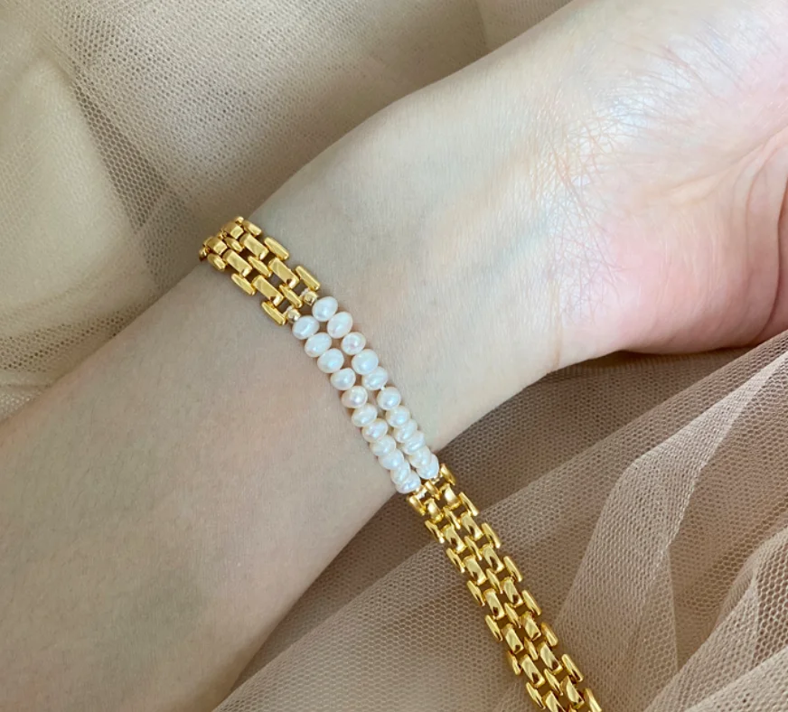 2022 new trend Gold plated alloy baroque pearl chain splicing Bracelets for women Fashion Jewelry