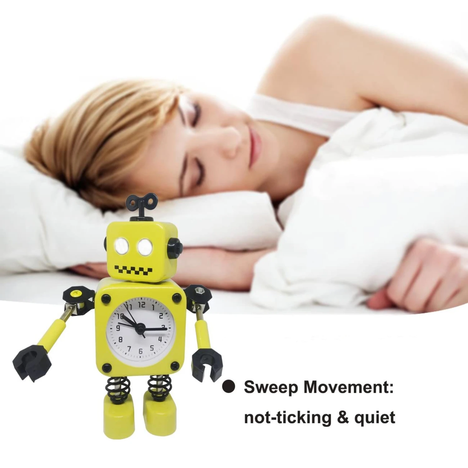 Sveglia robot, sveglia senza ticchettio con luci lampeggianti e braccio rotante, regalo per bambini, decorazione divertente per scrivania - immagine 5