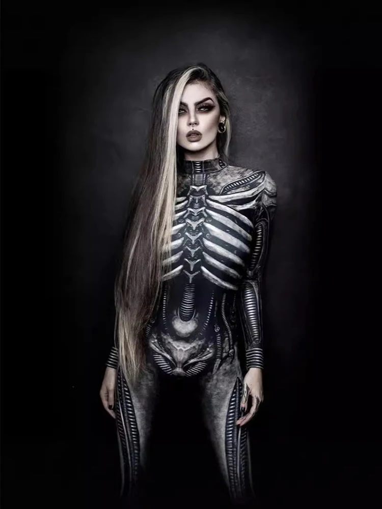 Skull Jumpsuit Disguise Scary Skull Skeleton Horror Terror Halloween Costume for Women Zentai Ghost Carnival Party Masquerade