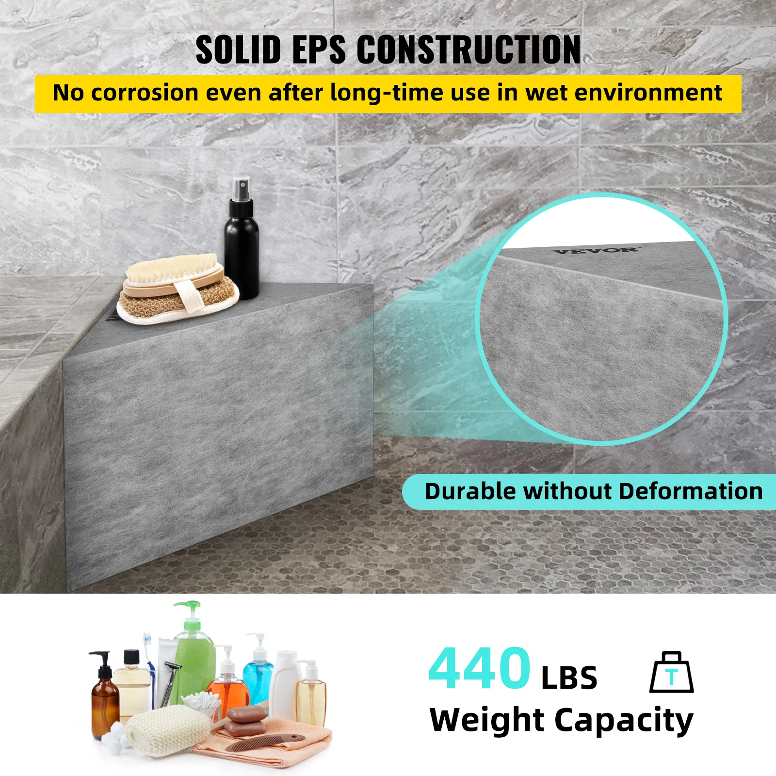 VEVOR Ready to Tile Shower Seat 22.4"x16"x20" Corner Shower Bench 440lbs Load-Bearing Waterproof Triangular Board Shower Bench 3