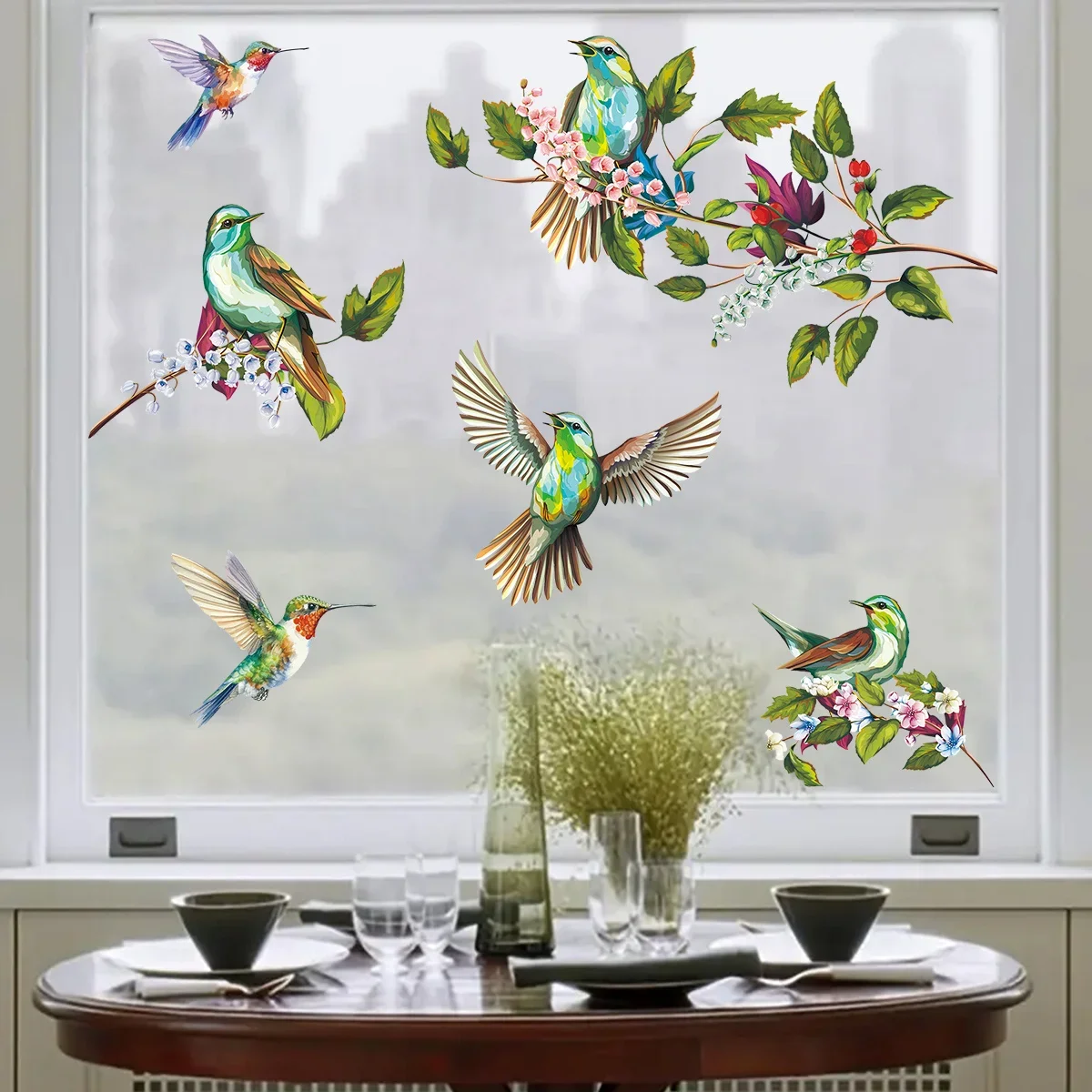 1Pc Watercolor Simulation Bird Branches Window Stickers Removable for Bedroom Living Room Decor Foyer Home Wall Decal