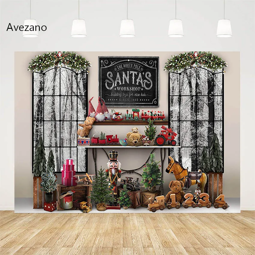 

Avezano Christmas Backdrop for Photography Window Santa's Toy Shop Bear Kids Portrait Decor Photoshoot Background Photo Studio