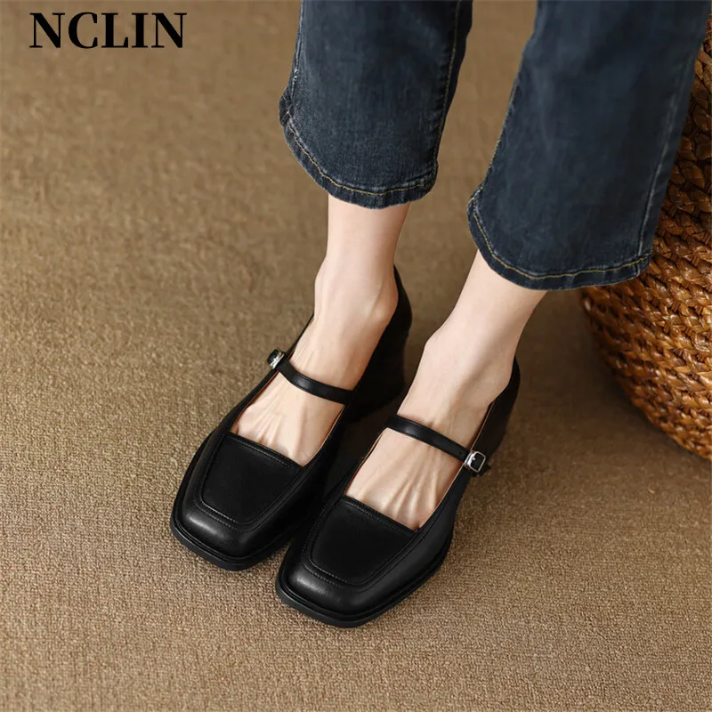 

2024 New Cow Leather Mary Janes Shoes Casual Buckle Strap Square Toe Spring Shallow Women Shoes Handmade High Heels Women Pumps