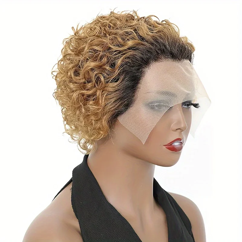 Pixie Cut Human Hair Wig Short Curly Human Hair Wigs 13*1 Transparent Lace Frontal Wigs For Women