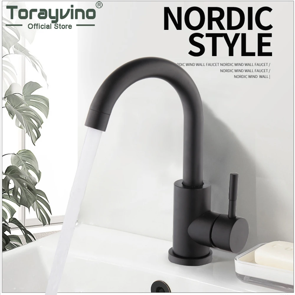 Torayvino Matte Black Modern Basin Sink Deck Mounted Bathroom Faucet Single Lever Handle Stainless Steel Hot And Cold Mixer Tap