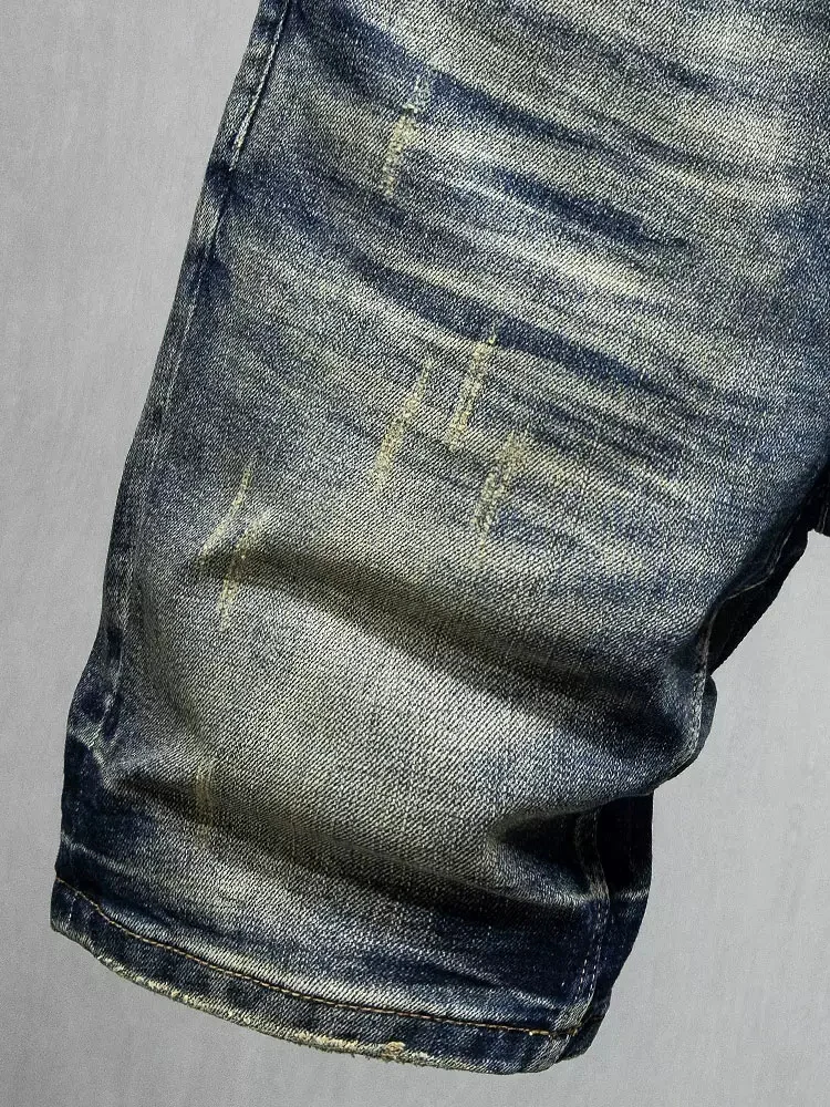 Summer Fashion Men Jeans Retro Blue Washed Elastic Slim Fit Ripped Short Jeans High Quality Vintage Designer Denim Shorts Men