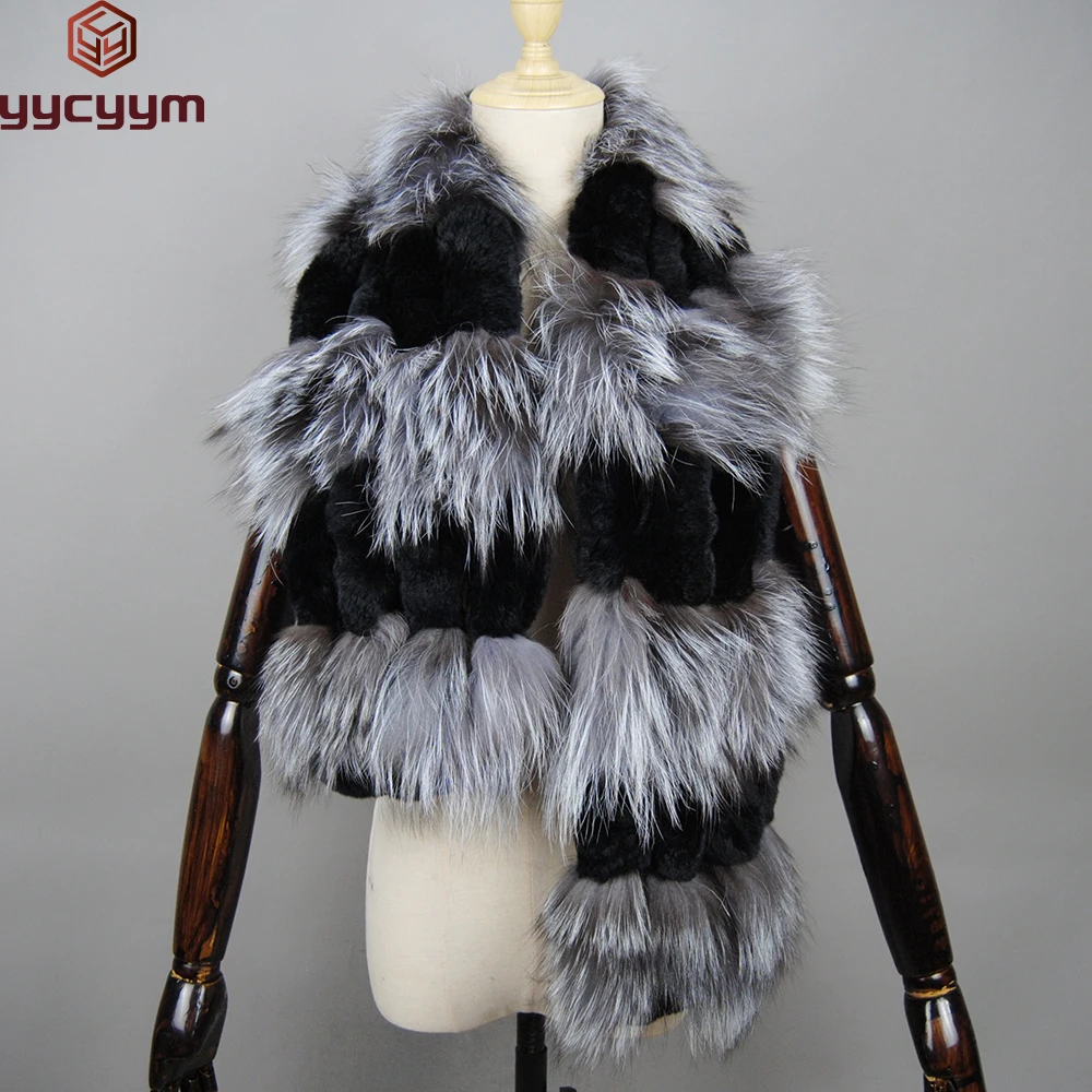 

Winter Knitted Rex Rabbit Fur Scarf With Silver Fox Fur Women Fashion Warm Thick Female Winter Fur Scarves Neck Warmer Femme