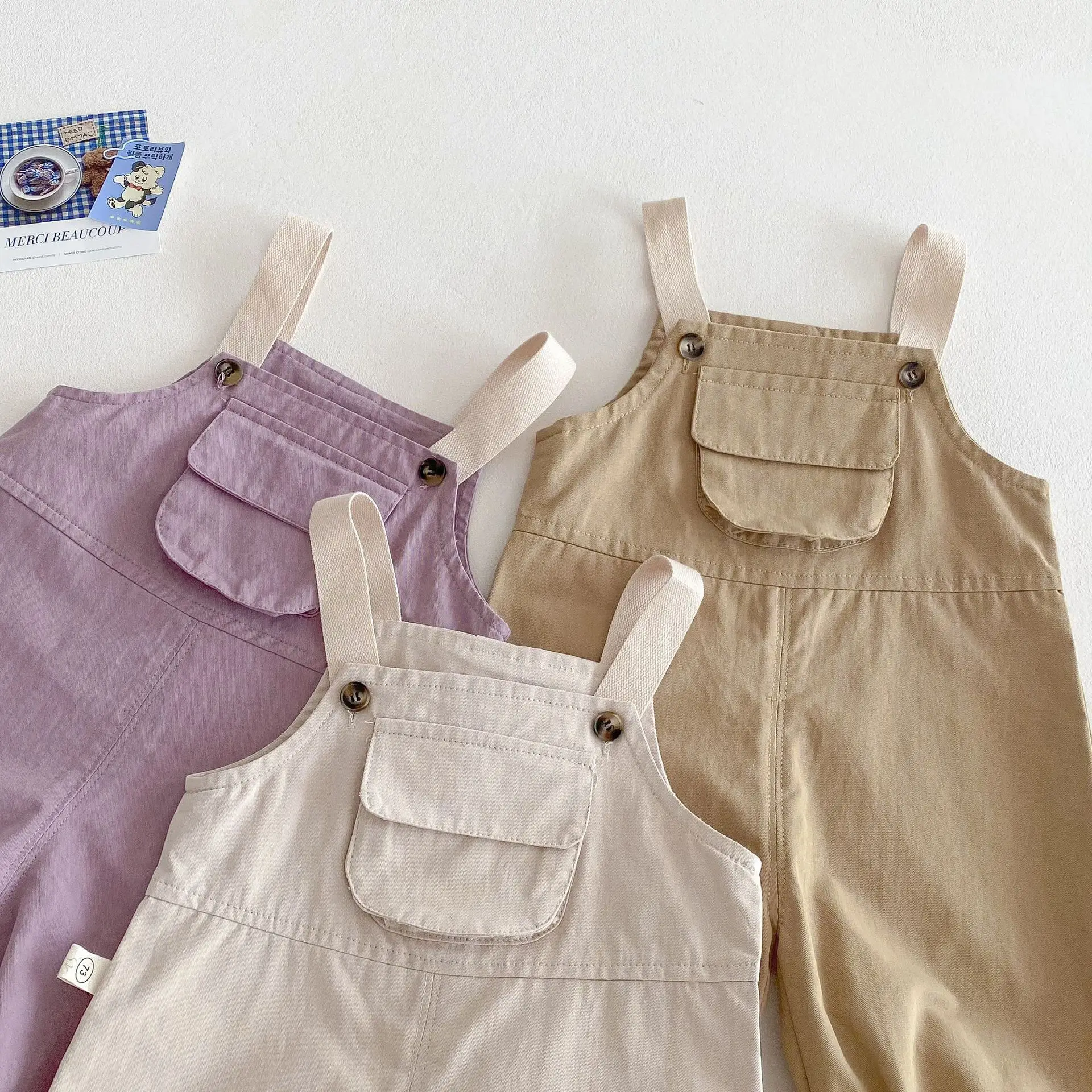 2025 New Kids Overalls 0-5Years Childrn Boy Girl Solid Color Pocket Jumpsuit Cargo Suspender Pant Fashion Bottom Spring Clothes