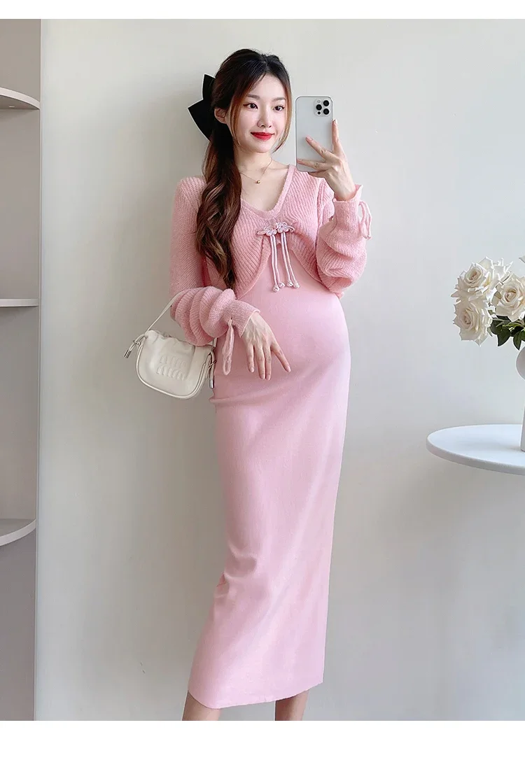 Autumn Maternity Dress Suits Sleeveless Strap Dress+long Sleeve Cardigans Cape Twinset Fashion Princess Pregnancy Clothes Set