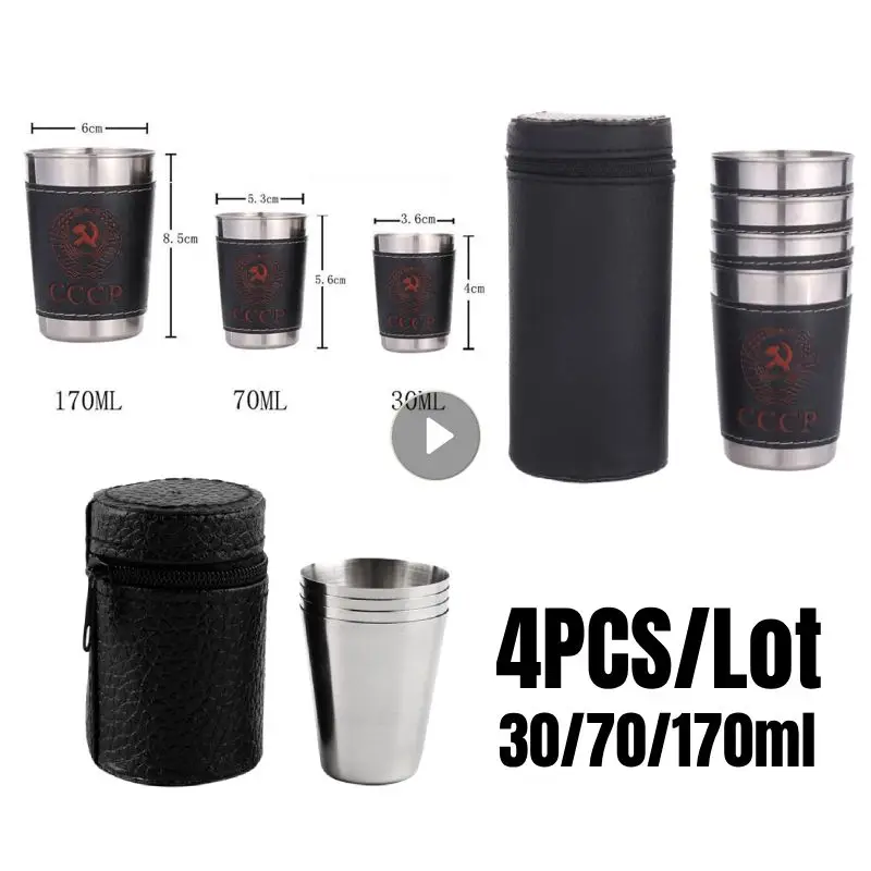 4pcs 30ml/70ml/170ml Outdoor Camping Cup Tableware Travel Cups Set Stainless Steel Cover Mug Drinking Coffee Tea Beer With Case