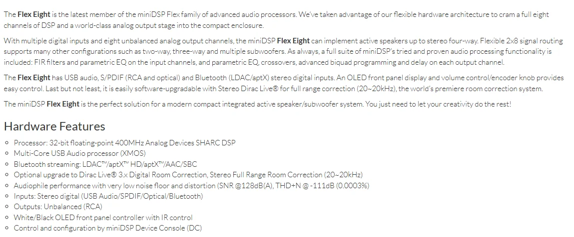 miniDSP Flex Eight 400MHz Sharc DSP audio processor for subwoofer or multiway sp