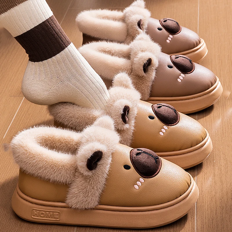 Winter Capibala Cotton Slippers Women Indoor Warm Thicken Plush Home Slippers Woman Thick Sole Non Slip Fluffy Slides Female