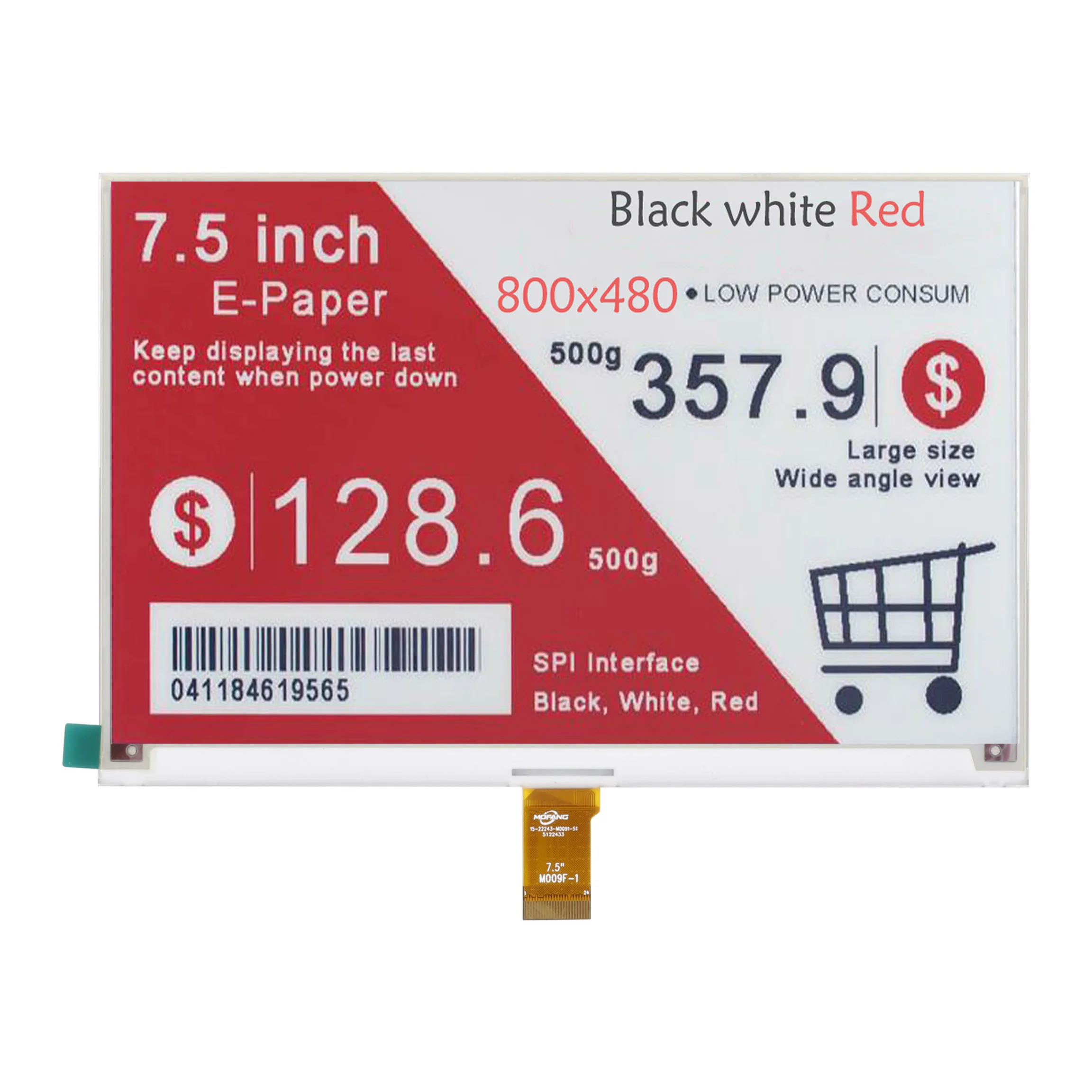 Ecrã de Papel Eletrónico Ecrã E-ink Preto Branco Vermelho 800×480 Spi 24 Pinos 75