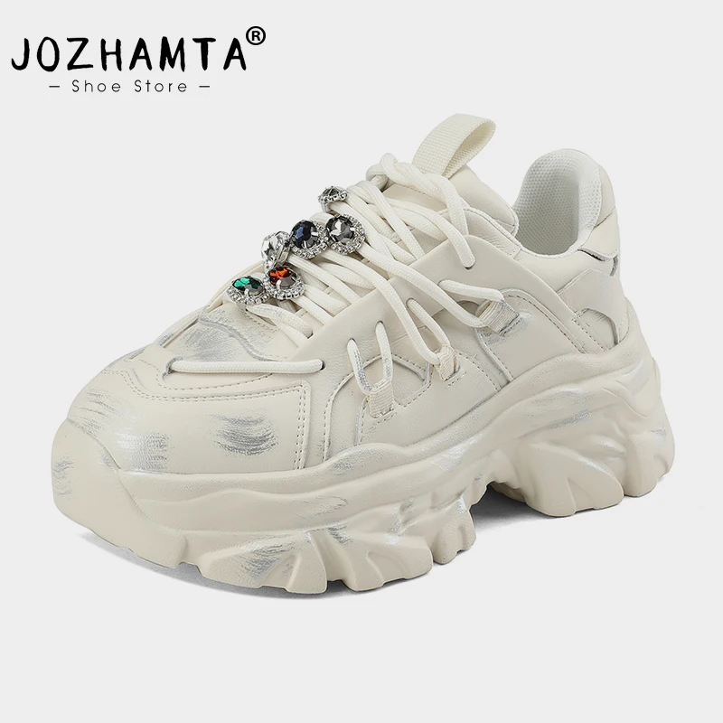 

JOZHAMTA Chunky Sneakers Women Flat Platform Shoes Genuine Leather Lace-Up Sneakers Fashion Party Female Shoes Size 35-40