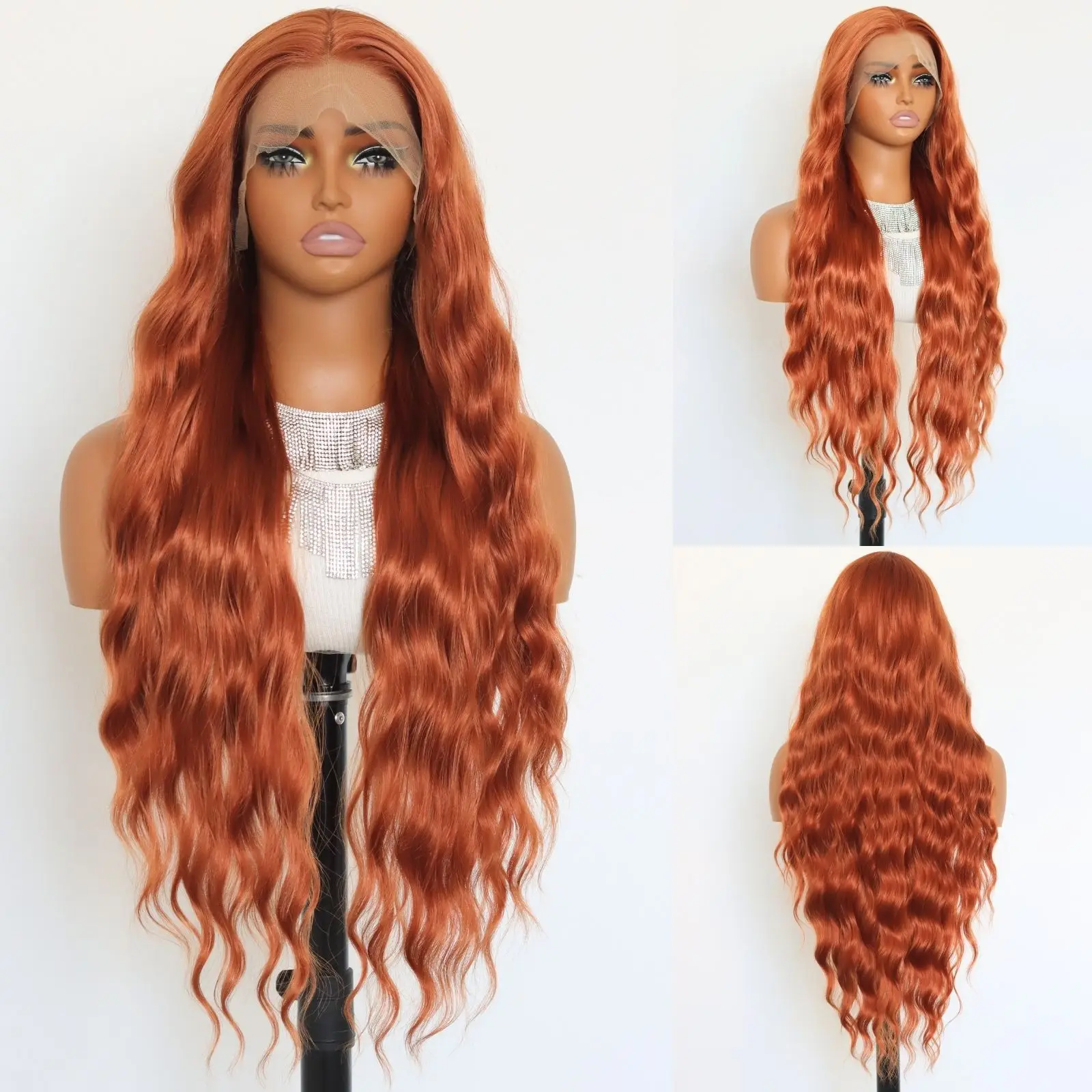 Long Ginger Wavy 13×4 Lace Front Synthetic Wig For Women Orange Heat Resistant Fiber Wig For Daily Party Use (32Inch)